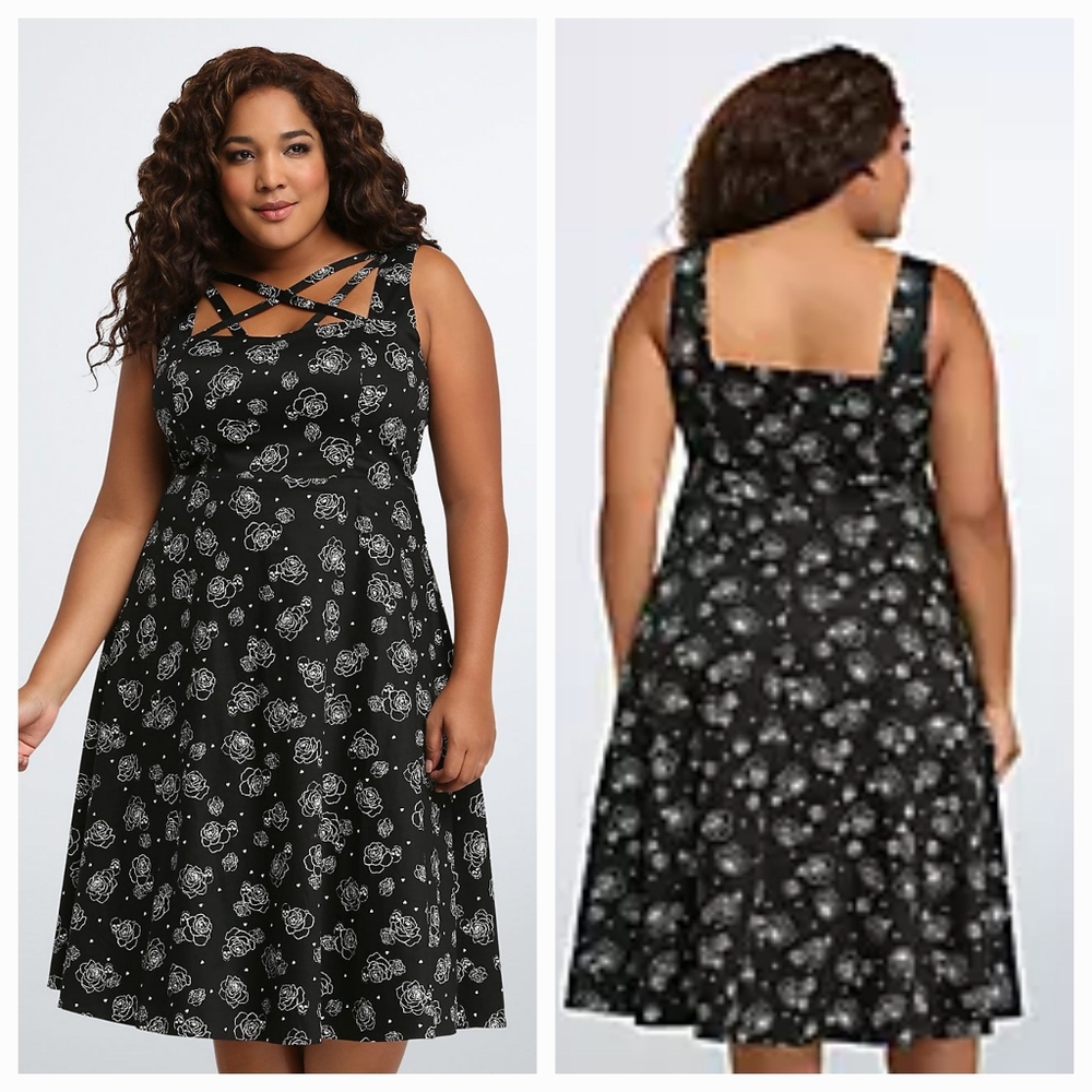 Torrid B&W Roses Lattice Front Midi Dress NWT Size 28 28W